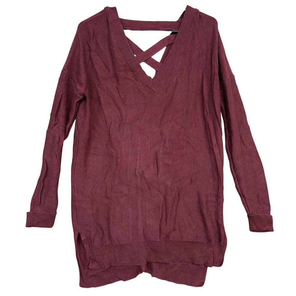 If It Were Me Womens Sweater Maroon V Neck Hi Low Crisscross Back Medium
